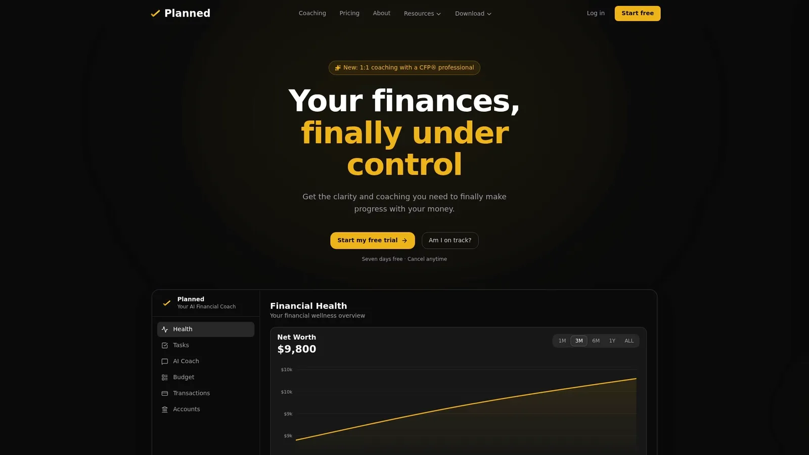 Planned homepage showing the Financial Health dashboard with a net worth chart