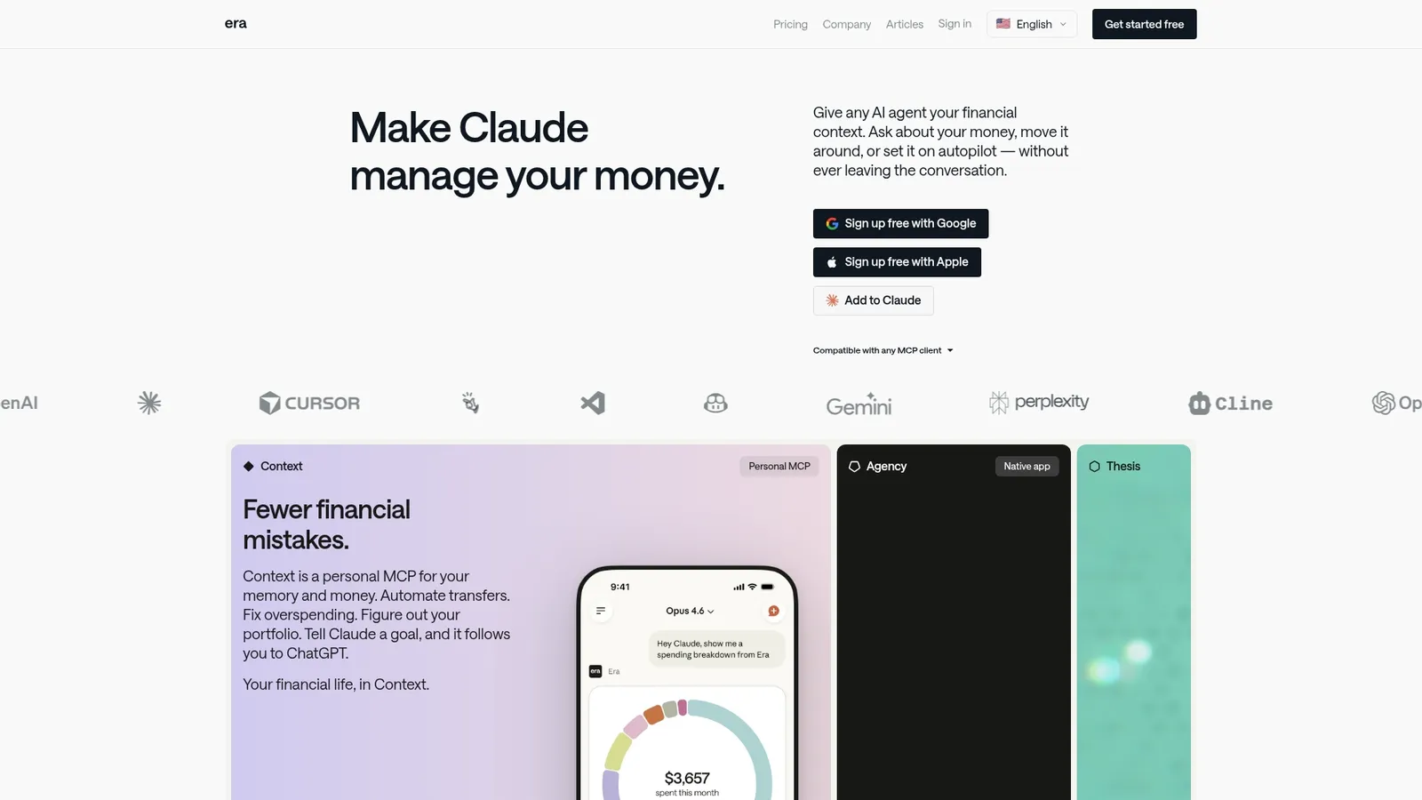 Era homepage with the headline Make Claude manage your money