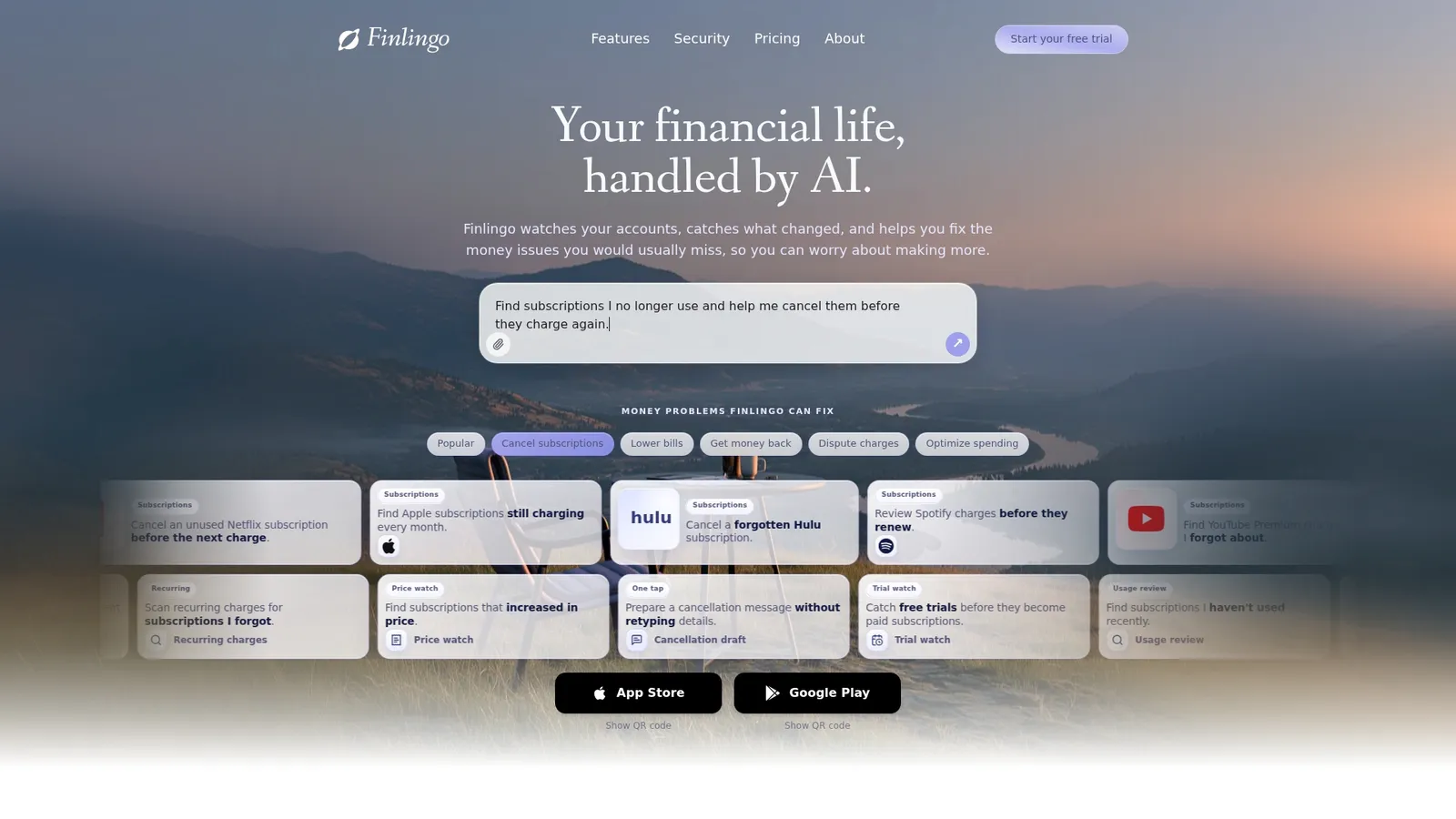 Finlingo homepage with the headline Your financial life, handled by AI