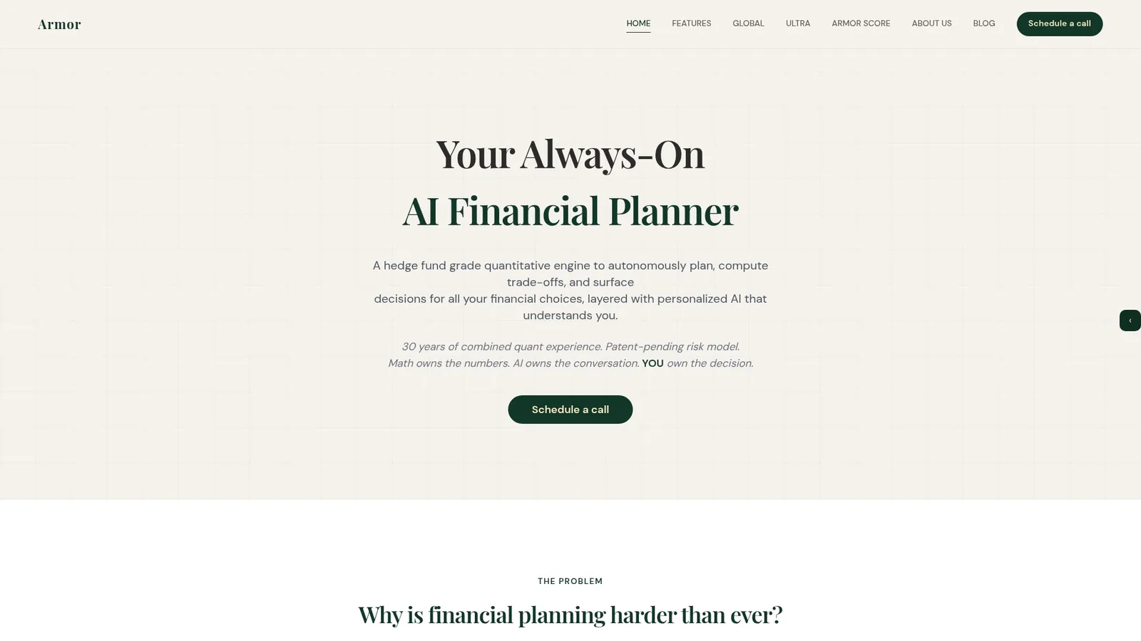 Armor homepage with the headline Your Always-On AI Financial Planner